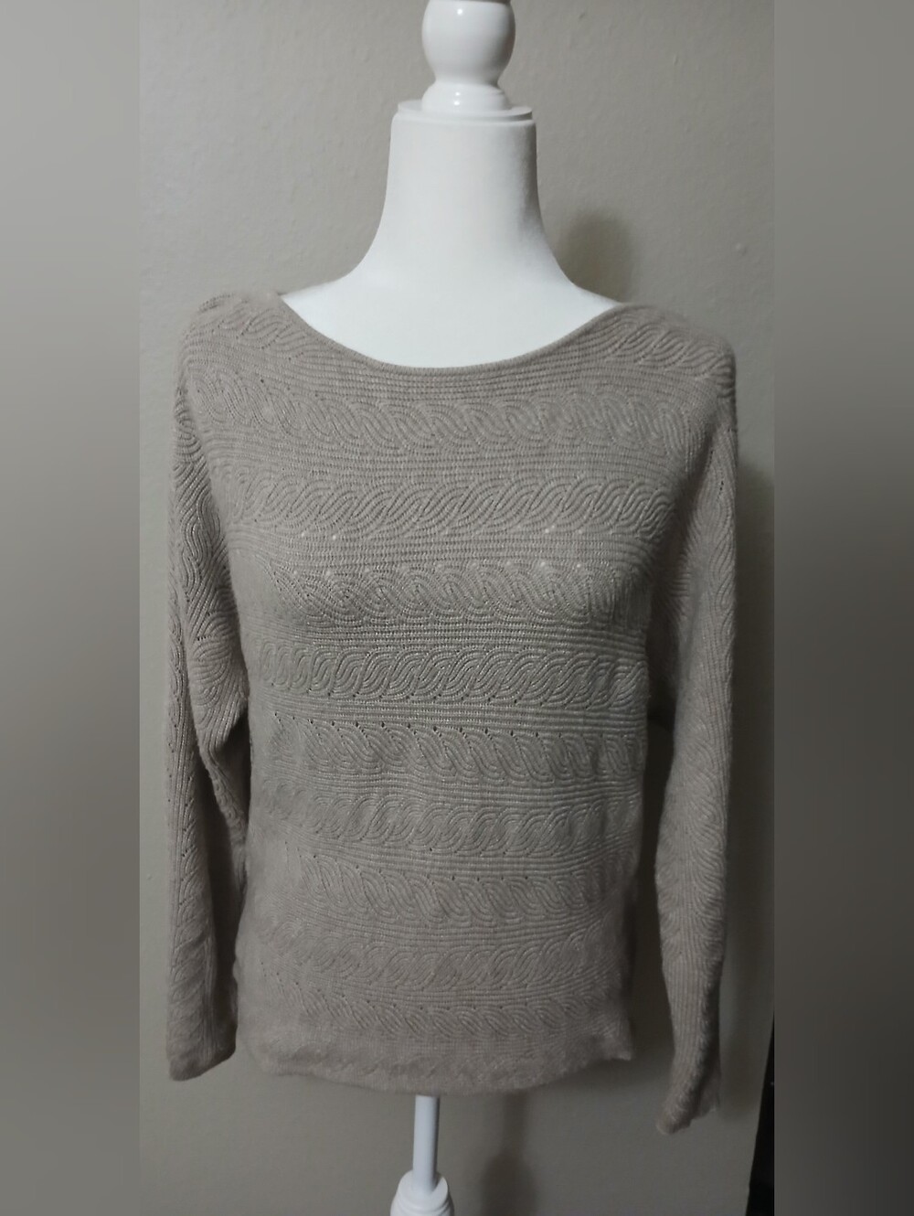 Cyrus Taupe Cable-Pattern Scoop Neck Sweater